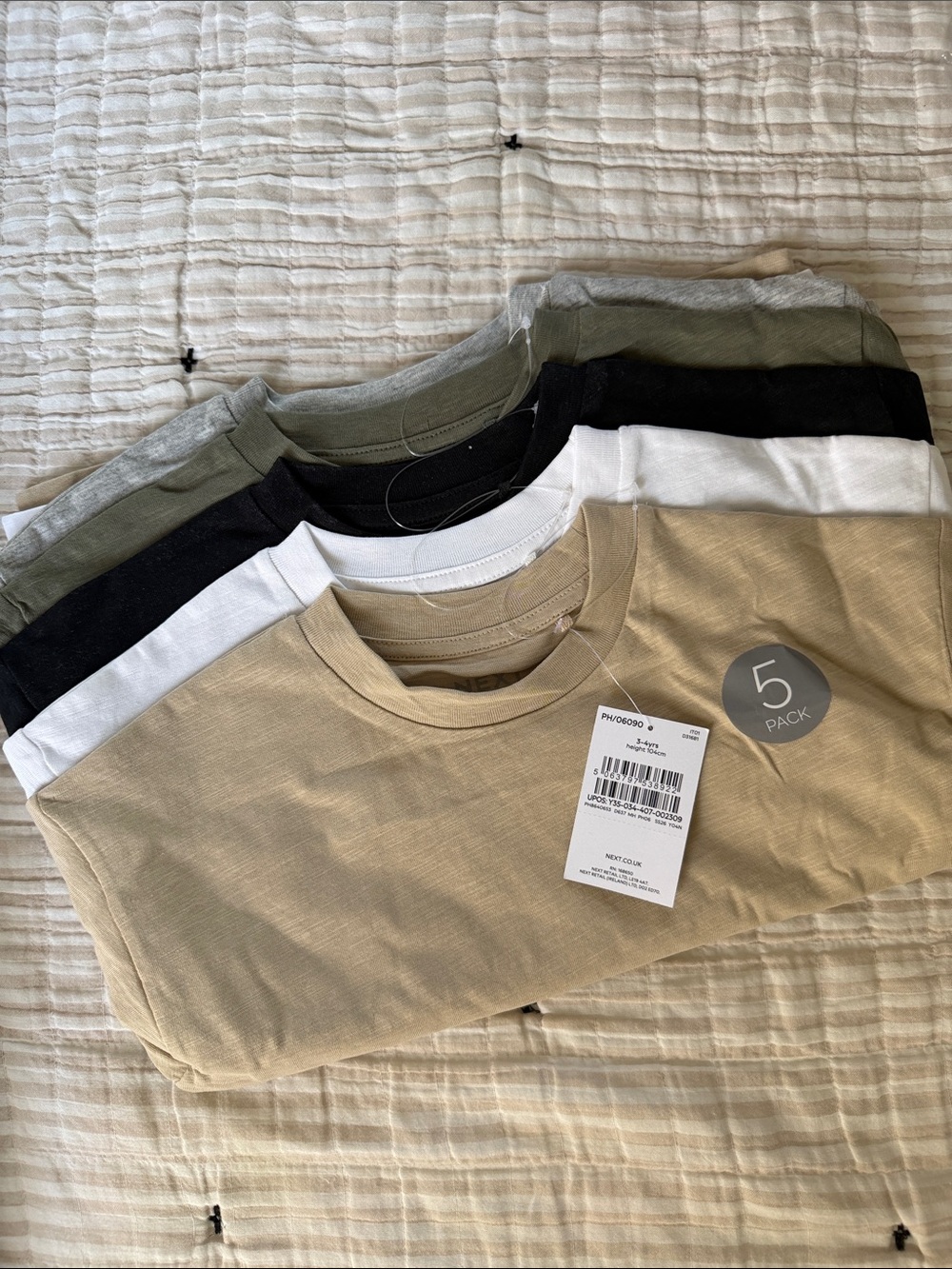Boys 5-Pack Crew Neck T-Shirts - Beige, White, Black, Olive, Gray